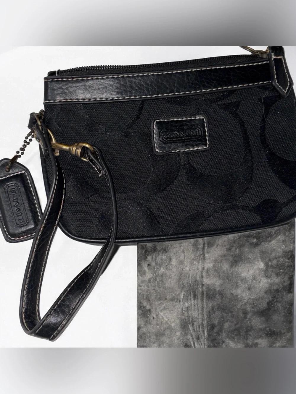 Coach Black Signature Wristlet with Leather Trim